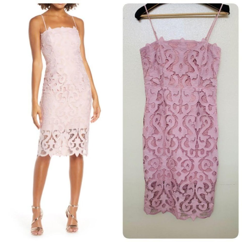Bardot Lina Lace Cocktail Sheath Midi Dress Pink